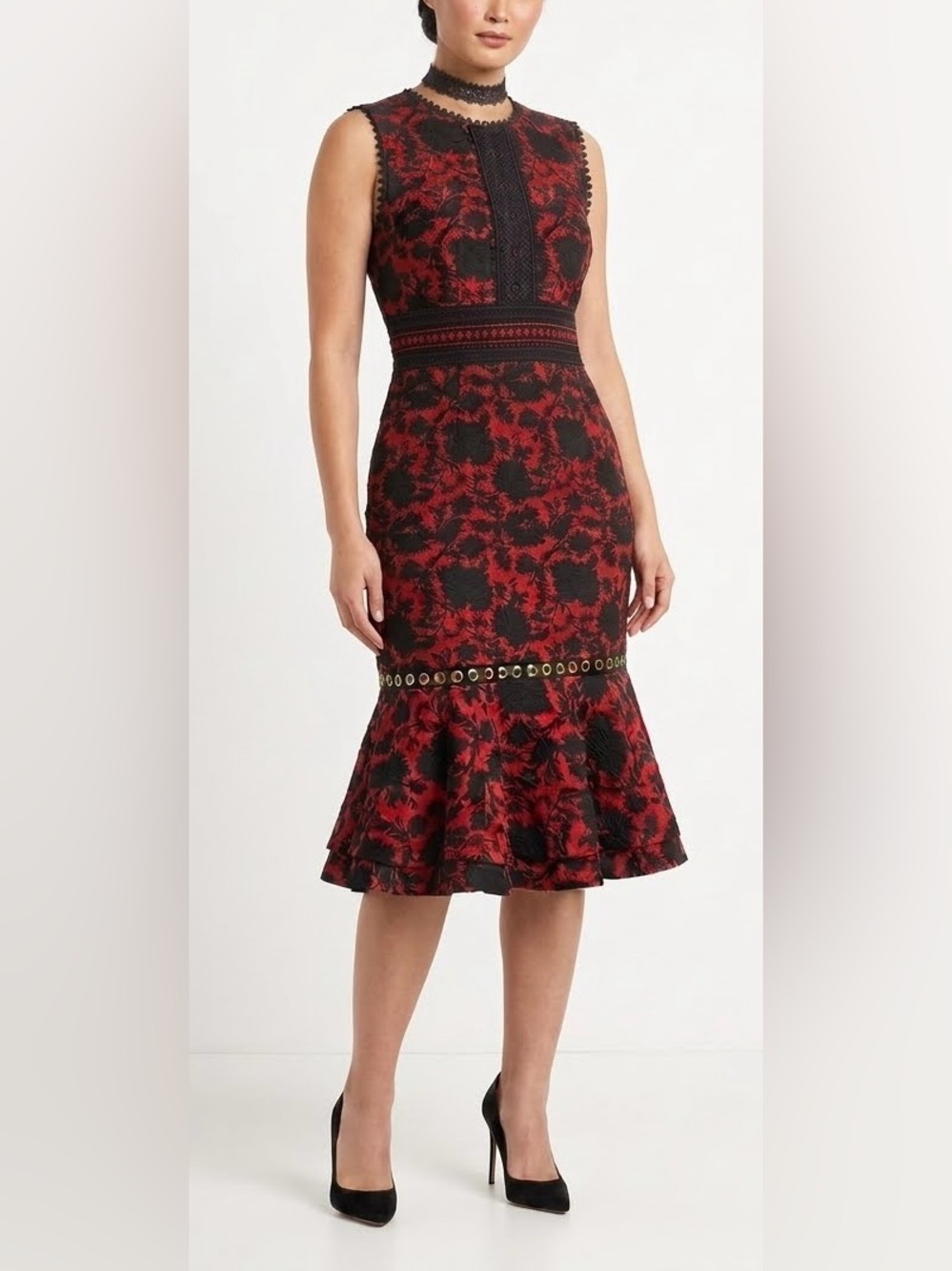 Saloni Trudi B Red & Black Floral Embroidered Grommet Midi Dress Size 8 Medium M
